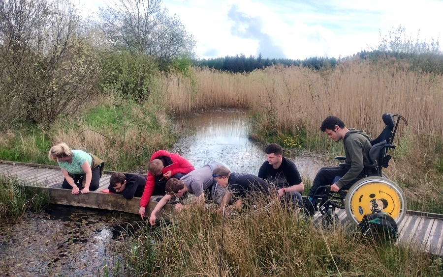 People on a platform pond dipping